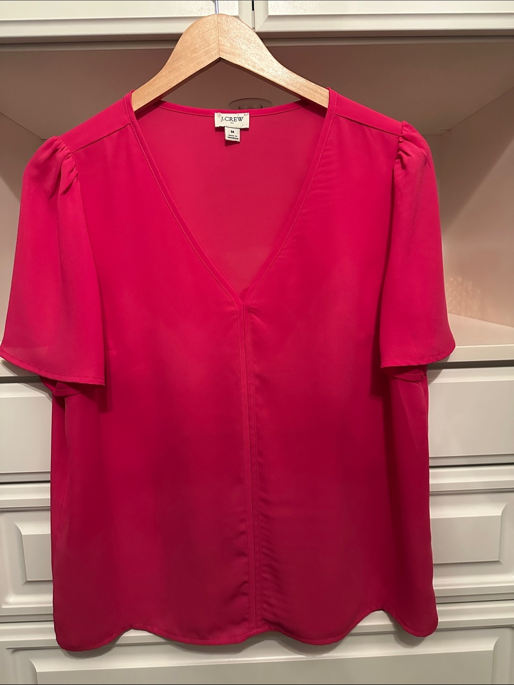 J. Crew V-Neck Flutter Sleeve Blouse in Hot Pink